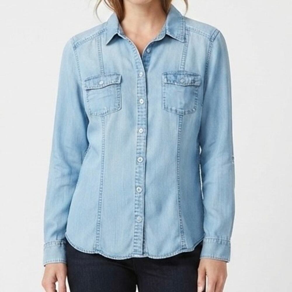 CHICO'S | Light Wash Lyocell Button-up Chambray Denim Shirt | Size 3, XL